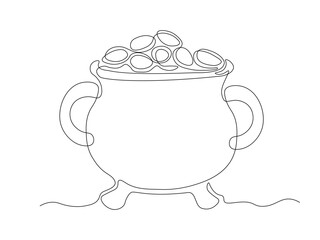 leprechaun's pot of gold, St. Patrick's Day,  continuous single one line art hand drawing sketch logo on white background