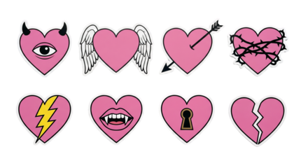 Pink heart sticker set including devil horns, angel wings, arrow, thorns, lightning, vampire fangs, keyhole, and broken variants isolated. Y2k aesthetic emo and gothic style collection.
