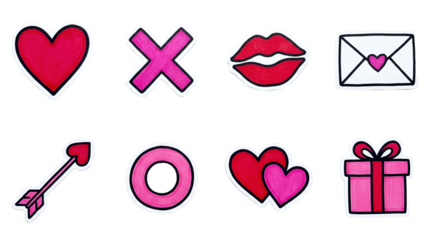 Valentine's day sticker set including heart, lips, gift, arrow, and envelope icons isolated. Romantic holiday decoration collection.