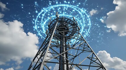 Telecommunication tower with glowing signal waves against blue sky - Powered by Adobe