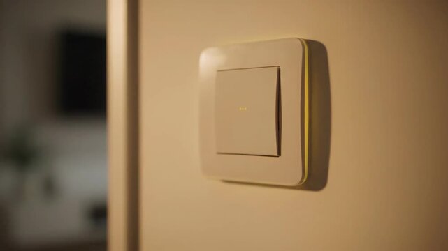Finger touching a smart light switch to control lighting, home automation.