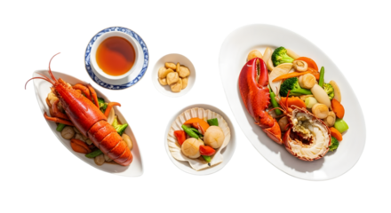 Seafood delicacies including prawns and lobsters served with sauce and vegetables in a culinary png display