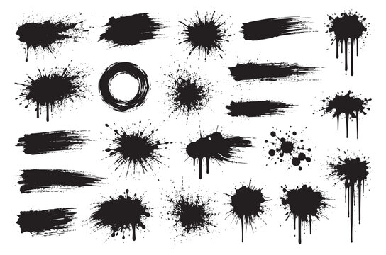 Grunge ink splatters and brush strokes set featuring various textured marks and liquid drips for creative design projects