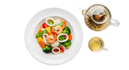 A serene breakfast scene featuring a nutritious meal with seafood, vegetables, and tea served on a clean white tabletop, captured in a high-quality png image