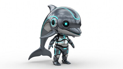 A cute funny blue robot mascot illustration designed as a happy cartoon character with a pink smile like a friendly pet monster or toy dinosaur vector art