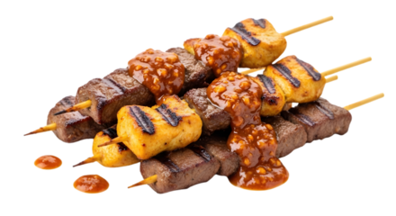 Grilled skewers with meat and pineapple smothered in sauce, served on a white background, captured in a png image file
