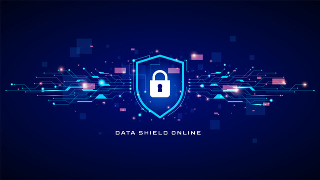 Cyber security shield icon with data protection concept on dark blue background. for online safety, network privacy, and digital encryption technology in modern futuristic style. online security sign