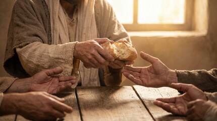 Sharing bread in a spiritual gathering, symbolizing community and tradition, suitable for religious themes or historical contexts