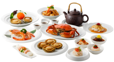 Assorted Asian cuisine delicacies, including sushi and seafood, beautifully arranged on white plates in a png image