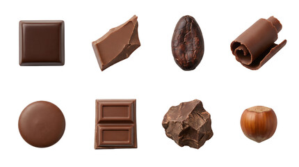 Fototapeta premium Chocolate assortment set including dark square, milk bar, cocoa bean, hazelnut, curls, and chunks isolated. Confectionery and dessert ingredients collection.