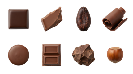 Chocolate assortment set including dark square, milk bar, cocoa bean, hazelnut, curls, and chunks isolated. Confectionery and dessert ingredients collection.