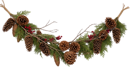 A festive Christmas wreath adorned with pinecones and evergreen branches displayed on a white background in a png image