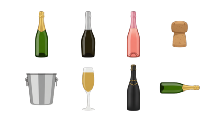 Champagne and sparkling wine set including green, black, and rose bottles, cork, glass, and ice bucket isolated. Celebration and luxury beverage collection.