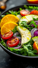 Macro Shot of Fresh Vegetable Salad with Orange and Avocado