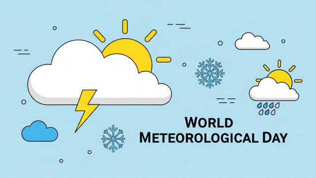 World meteorological day weather icons with sun clouds lightning and snowflakes on blue background with meteorology and climate and weather forecast