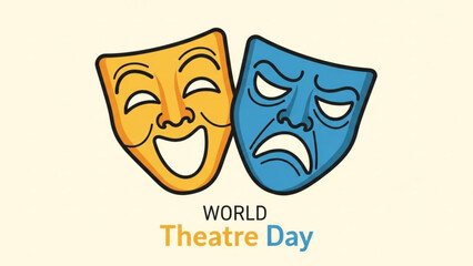World theatre day illustration with comedy and tragedy masks on beige background with theatrical and drama and performance and acting and theater