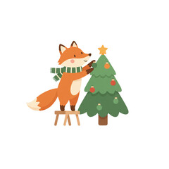 Fototapeta premium Adorable cartoon fox in a striped scarf carefully decorates a green Christmas tree with a shining star, standing on a stool to add a touch of festive cheer to the holiday season