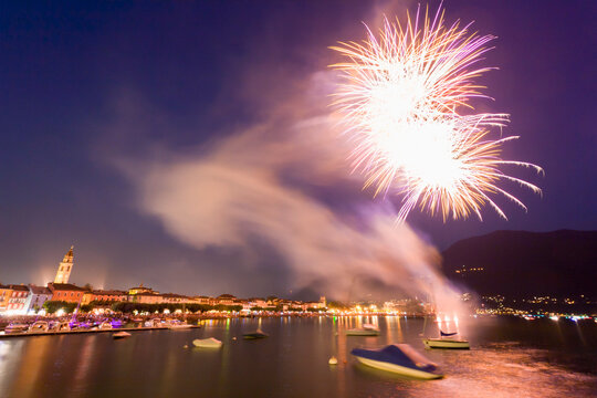 Fireworks during Swiss National Day festival at night in Ascona