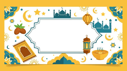 Islamic Ramadan Banner with Mosque, Lantern, Prayer Mat, and Food
