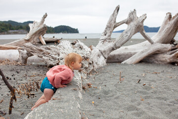 A toddler plays along a sandy beach in the on a cloudy day. Beach days provide important unstructured play opportunities for children to engage with their environment.