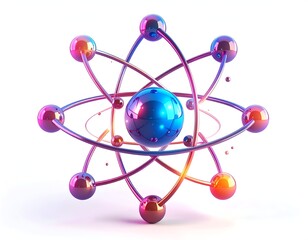 3D model of an atom, with orbiting spheres and central nucleus