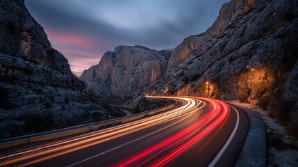 Long Exposure Light Trails on Mountain Road at Dusk.