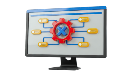 Computer Screen Displaying a Workflow Diagram with Gear and X Mark