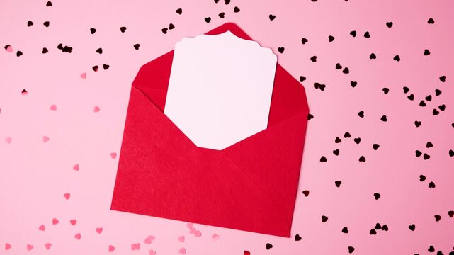 Open red envelope with blank white card surrounded by heart confetti for Valentines Day celebration