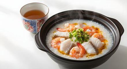 Warm and comforting seafood porridge png with fresh shrimp, fish, and green onions, served with a cup of hot tea for a delicious meal