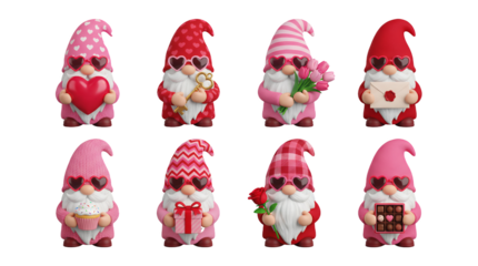 Valentine gnome set including characters with heart, key, flowers, letter, cupcake, gift, rose, and chocolate box. Romantic holiday character collection.