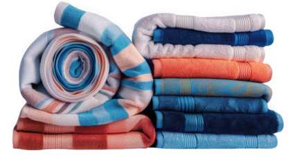 Assortment of neatly folded and creatively rolled plush terry cloth towels displaying vibrant blue orange and white colors on transparent background