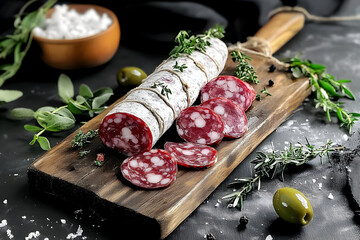 Gourmet Salami Slices on Wooden Board with Olives and Fresh Herbs
