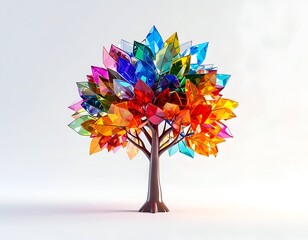 Stylized tree with a brown trunk, colorful crystal leaves on white