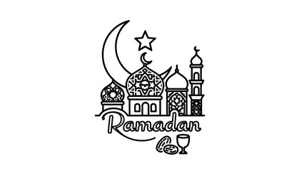 Obraz premium Ramadan Kareem Mosque and Crescent Moon Line Art Icon