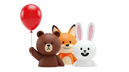 Cute 3D animated bear, fox, and rabbit with a red balloon