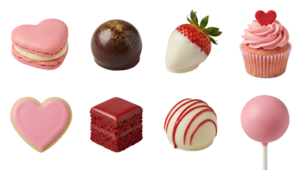 Valentine dessert set including macaron, truffle, strawberry, cupcake, cookie, cake, and cake pop isolated. Sweet treats and bakery collection.
