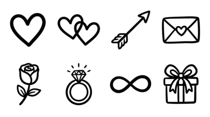 Romantic hand drawn icon set including hearts, cupid arrow, love letter, rose flower, engagement ring, infinity symbol, and gift box isolated. Valentine day and wedding celebration elements.