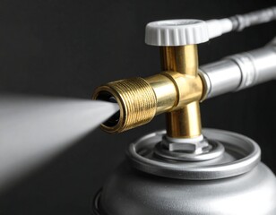 Obraz premium Close-up of a pressure valve emitting white vapor, angled against black