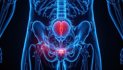 Lumbar and pelvic region anatomy displays internal organs highlighted with glowing red coloration indicating distress