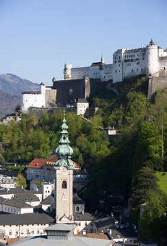 Festung Hohensalzburg and Franciscan Church in Salzburg old town Austria