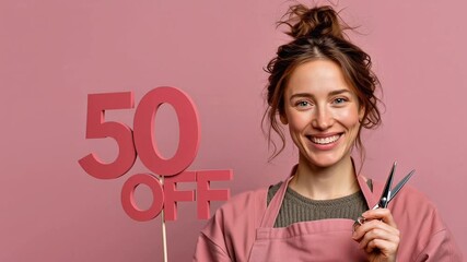 Hair Stylist Colorist with Scissors and 50 Percent Off Promotion