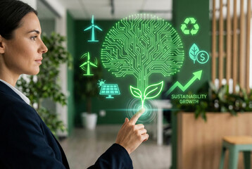 Businessman touching green technology and sustainability growth hologram interface