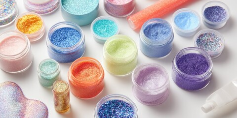 Colorful, sparkly loose powder pigments in clear jars, arrayed on white