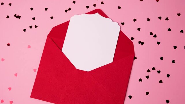 Open vibrant red envelope with blank white card surrounded by heart confetti for Valentine\'s Day