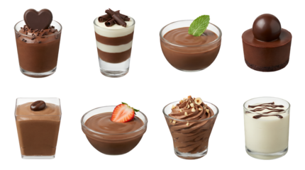 Chocolate dessert set including mousse, pudding, parfait, cake, and cream cups isolated. Sweet confectionery and gourmet food collection.