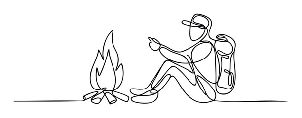 A minimalist continuous line drawing depicting a solitary hiker enjoying the warmth of a crackling campfire, ideal for travel blogs, outdoor adventure promotions, or serene naturethemed