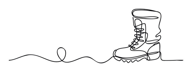 Minimalist black outline of a durable boot created with a single continuous stroke, perfect for active lifestyle branding or exploration themed content.