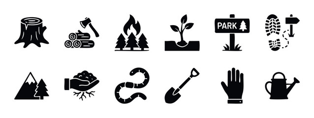 Essential nature and gardening icons for environmental projects or outdoor activity guides, perfect for illustrating ecological concepts, park information, or planting instructions.