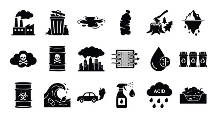 Collection of environmental pollution, waste management, and climate change black glyph icons for ecological awareness campaigns, sustainable living presentations, and earth conservation.