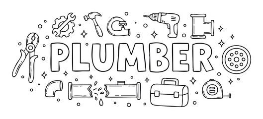 Plumber professional services sign with essential tools and equipment including wrench drill and pipes for home repair service promotion